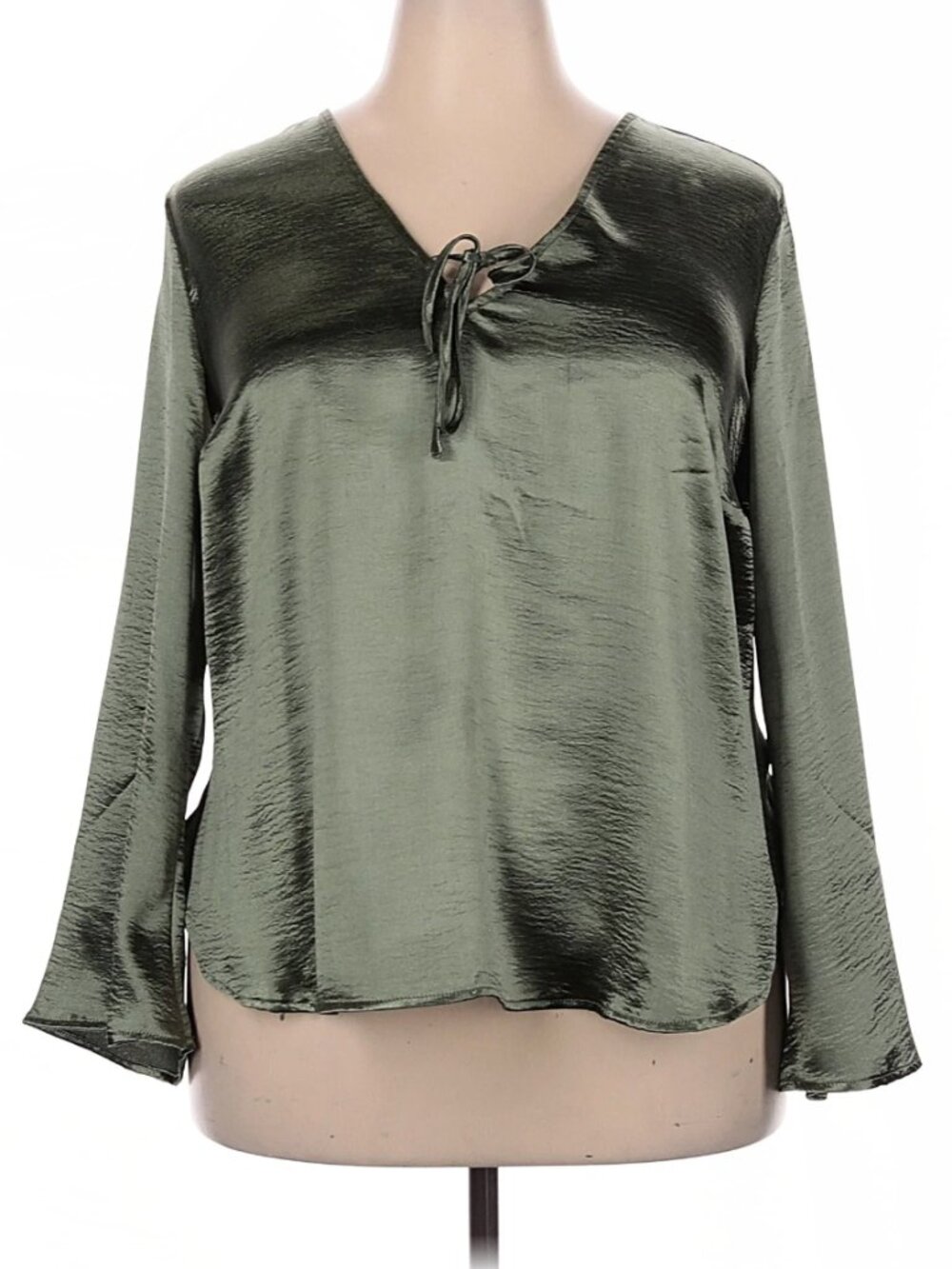 Ava & Viv Women's Satin V-Neck Tie-Front Blouse In Olive Green - Size XXL